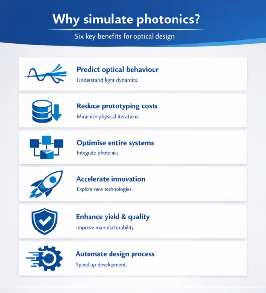 Photonic simulation benefits including cost reduction and optical design optimisation